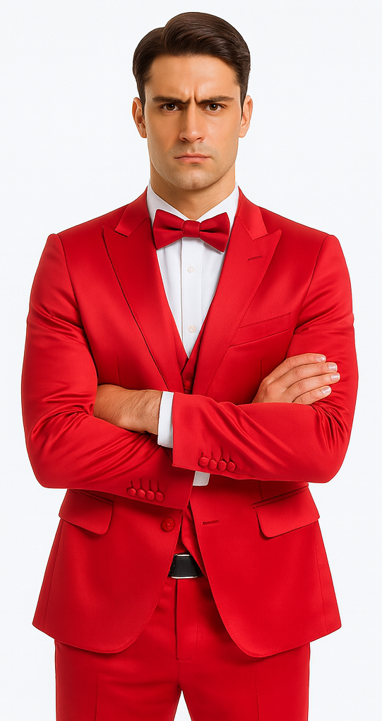 Men's Red Satin Slim Fit Tazzio 3 Piece Suit with Peak Lapel  Premium Elegant Style