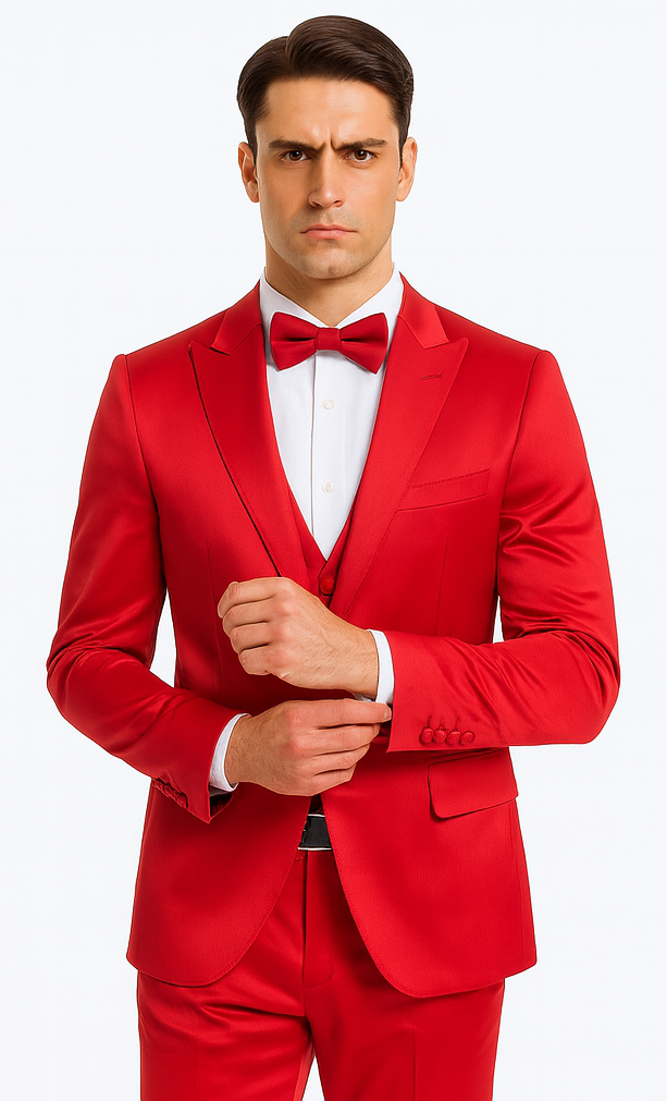 Men's Red Satin Slim Fit Tazzio 3 Piece Suit with Peak Lapel  Premium Elegant Style