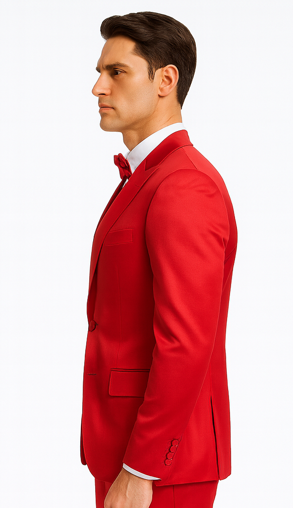 Men's Red Satin Slim Fit Tazzio 3 Piece Suit with Peak Lapel  Premium Elegant Style