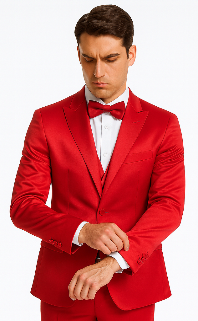 Men's Red Satin Slim Fit Tazzio 3 Piece Suit with Peak Lapel  Premium Elegant Style