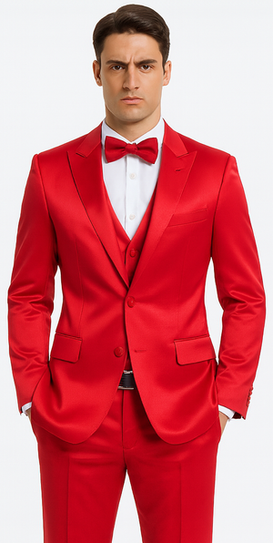 Men's Red Satin Slim Fit Tazzio 3 Piece Suit with Peak Lapel  Premium Elegant Style
