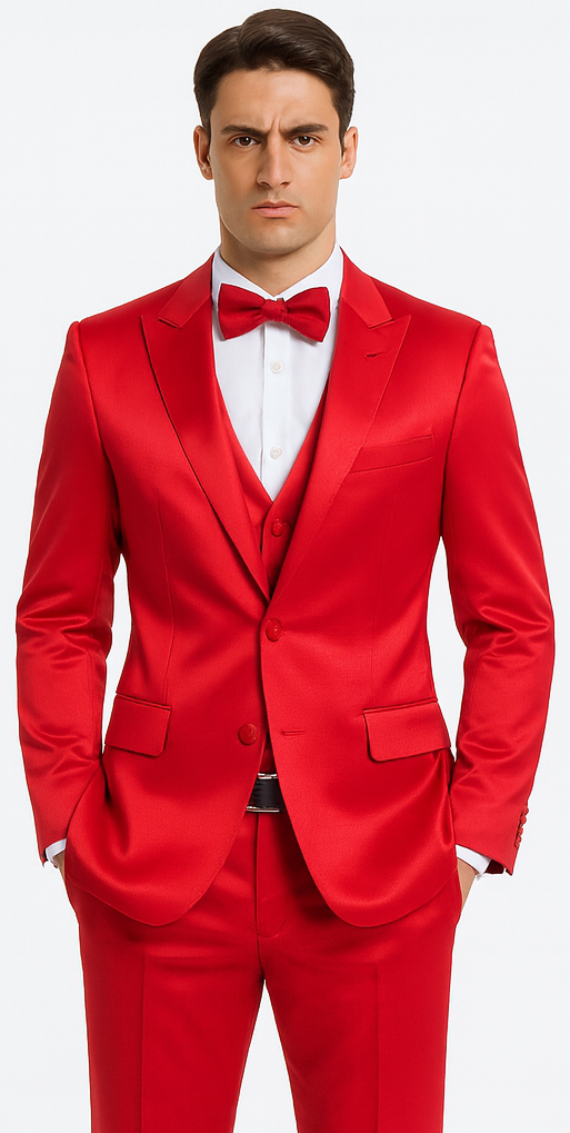 Men's Red Satin Slim Fit Tazzio 3 Piece Suit with Peak Lapel  Premium Elegant Style