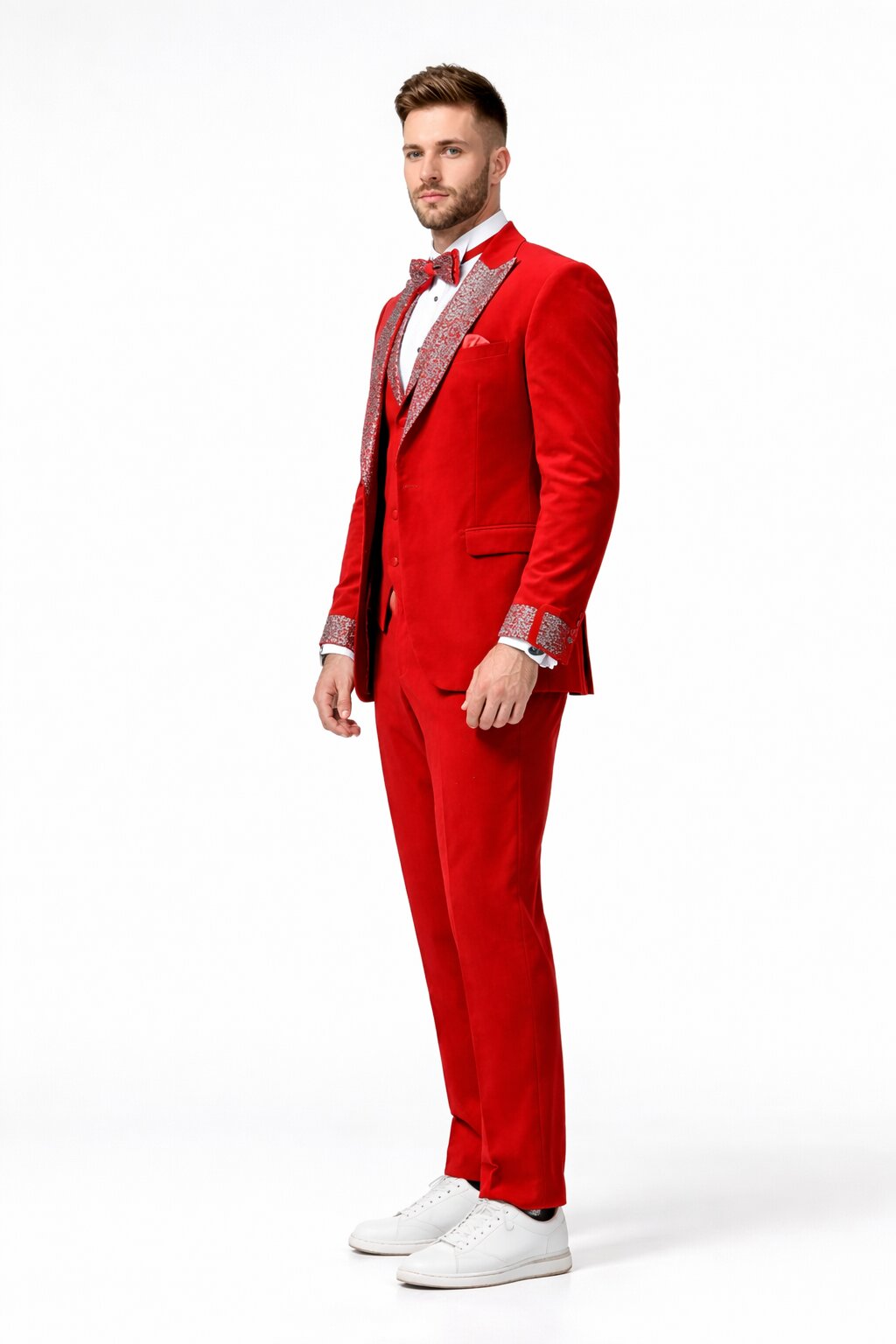 Red Prom Tuxedo - Perfect Wedding Suit Vested Rhinestone sequin Lapelled