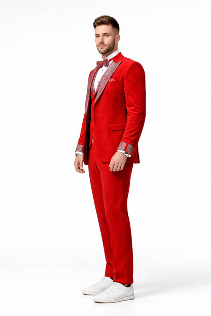 Red Prom Tuxedo - Perfect Wedding Suit Vested Rhinestone sequin Lapelled