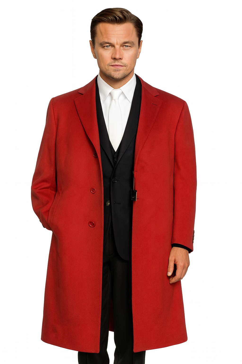 Men's Three Buttons Red Wool Fabric Overcoat / Long men's Dress Topcoat - Winter coat