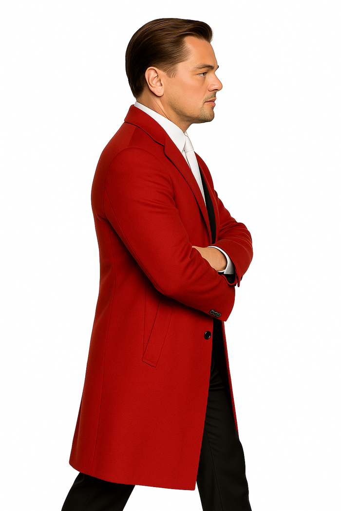 Men's Three Buttons Red Wool Fabric Overcoat / Long men's Dress Topcoat - Winter coat