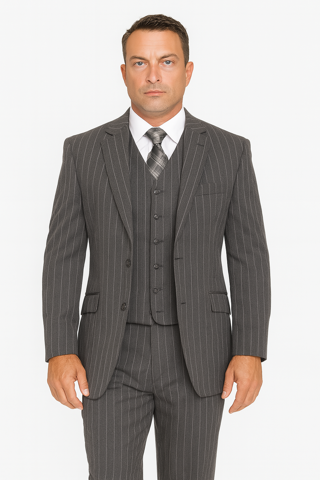 Mens Modern Fit Venetian Gatsby Suit  Charcoal Pinstripe with Vest - Banker Stripe