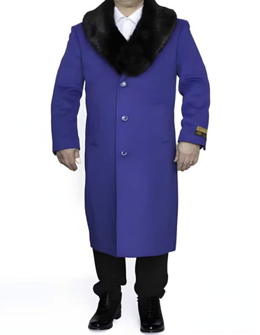 Removable Fur Collar Full Length Ankle length Wool Dress Top Coat / Overcoat In Royal Blue - Mens Overcoat