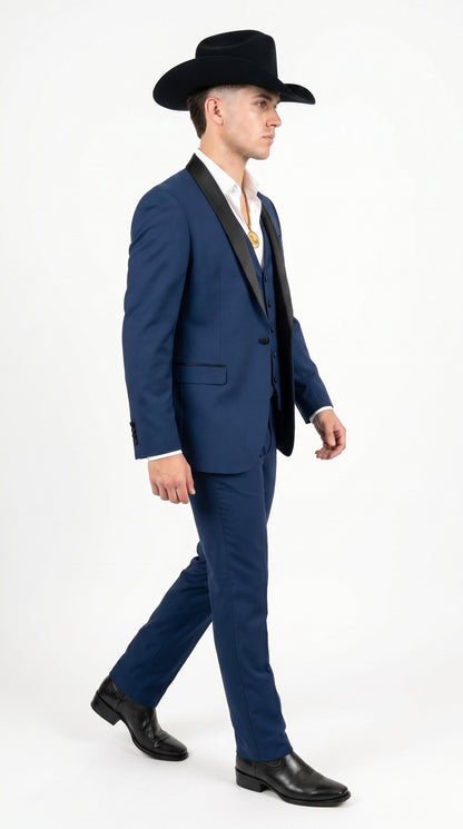 Men’s Sapphire Indigo Western Tuxedo Suit – Cobalt Blue Cowboy Formal Suit with Black Shawl Collar, Vest & Pants