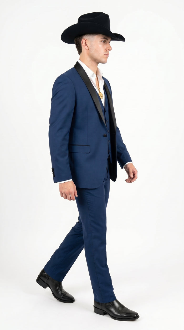 Men’s Sapphire Indigo Western Tuxedo Suit – Cobalt Blue Cowboy Formal Suit with Black Shawl Collar, Vest & Pants