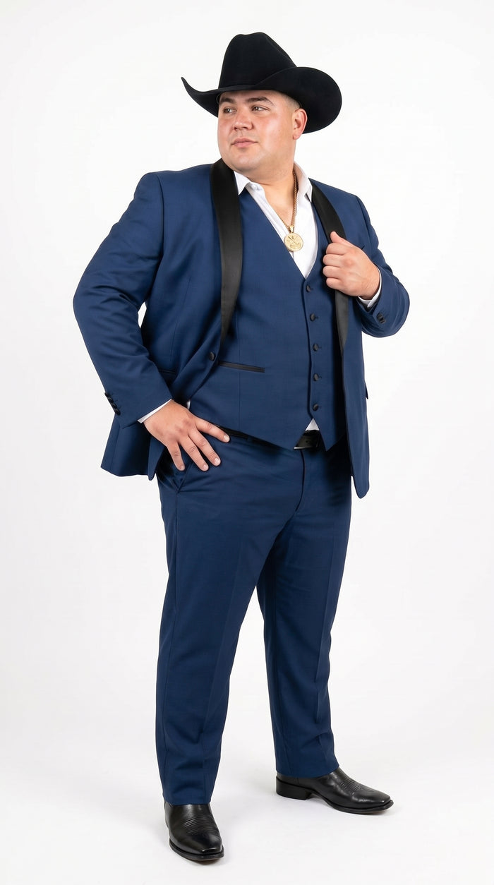 Men’s Sapphire Indigo Western Tuxedo Suit – Cobalt Blue Cowboy Formal Suit with Black Shawl Collar, Vest & Pants