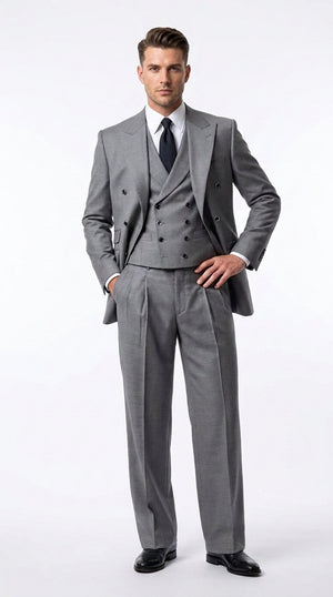 Tiglio Rosso Men’s Gray Super 150’s Italian Wool 3-Piece Suit – Double-Breasted Jacket, Vest and Wide-Leg Pants