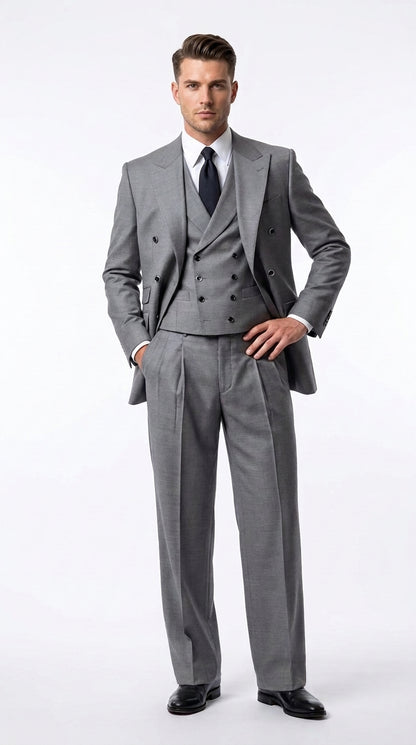 Tiglio Rosso Men’s Gray Super 150’s Italian Wool 3-Piece Suit – Double-Breasted Jacket, Vest and Wide-Leg Pants