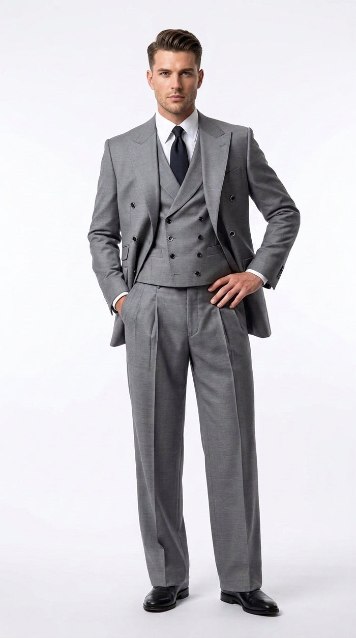 Tiglio Rosso Men’s Gray Super 150’s Italian Wool 3-Piece Suit – Double-Breasted Jacket, Vest and Wide-Leg Pants