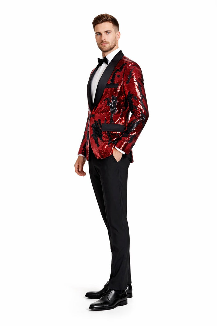 1 Button Reversible Sequin Blazer In Red and Black
