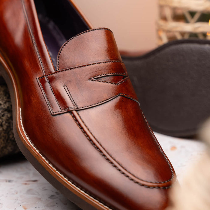 Zelli Roma Hand-Burnished Calfskin Penny Loafers in Cognac