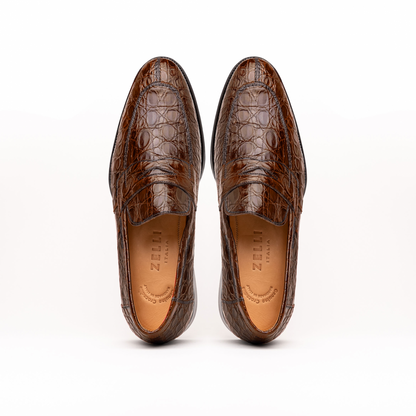 Zelli Roma Genuine Caiman Crocodile Penny Loafers in Cognac