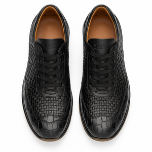 Marco Di Milano Roma Men's Shoes Black Genuine Caiman Crocodile / Woven Leather Fashion Sneakers
