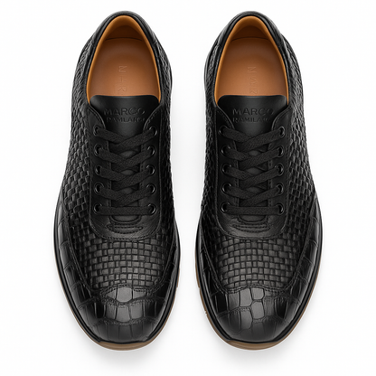 Marco Di Milano Roma Men's Shoes Black Genuine Caiman Crocodile / Woven Leather Fashion Sneakers