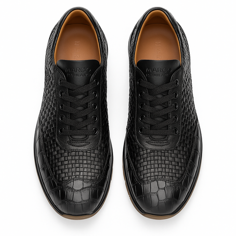 Marco Di Milano Roma Men's Shoes Black Genuine Caiman Crocodile / Woven Leather Fashion Sneakers