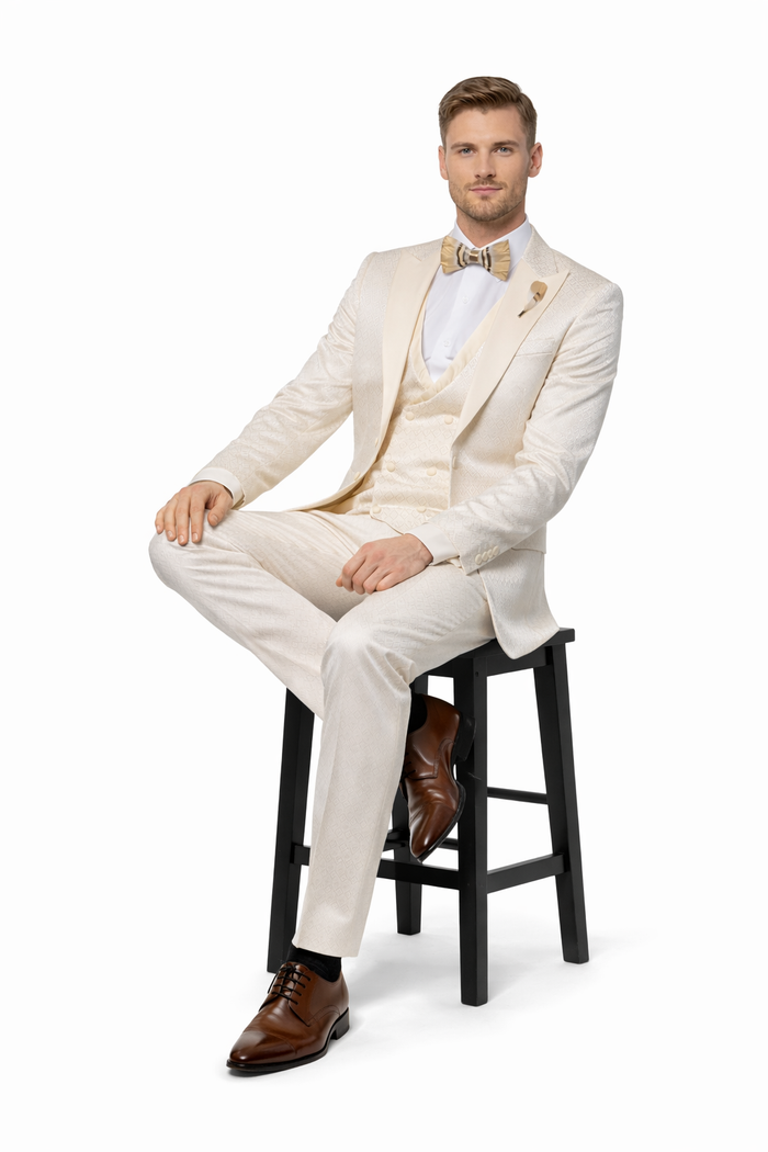 Rossi Man FORD RM1913 ?? Slim Fit 3-Piece Suit for Men in Off-White | Classic Style for Formal Occasions