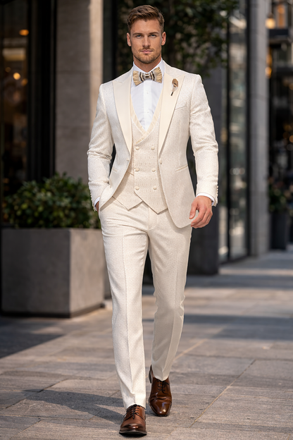 Rossi Man FORD RM1913 ?? Slim Fit 3-Piece Suit for Men in Off-White | Classic Style for Formal Occasions
