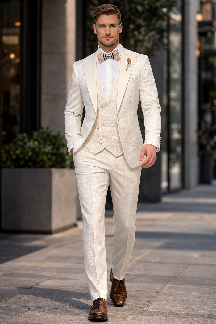 Rossi Man FORD RM1913 ?? Slim Fit 3-Piece Suit for Men in Off-White | Classic Style for Formal Occasions