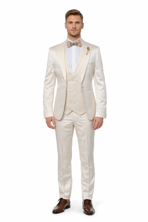 Rossi Man FORD RM1913 ?? Slim Fit 3-Piece Suit for Men in Off-White | Classic Style for Formal Occasions