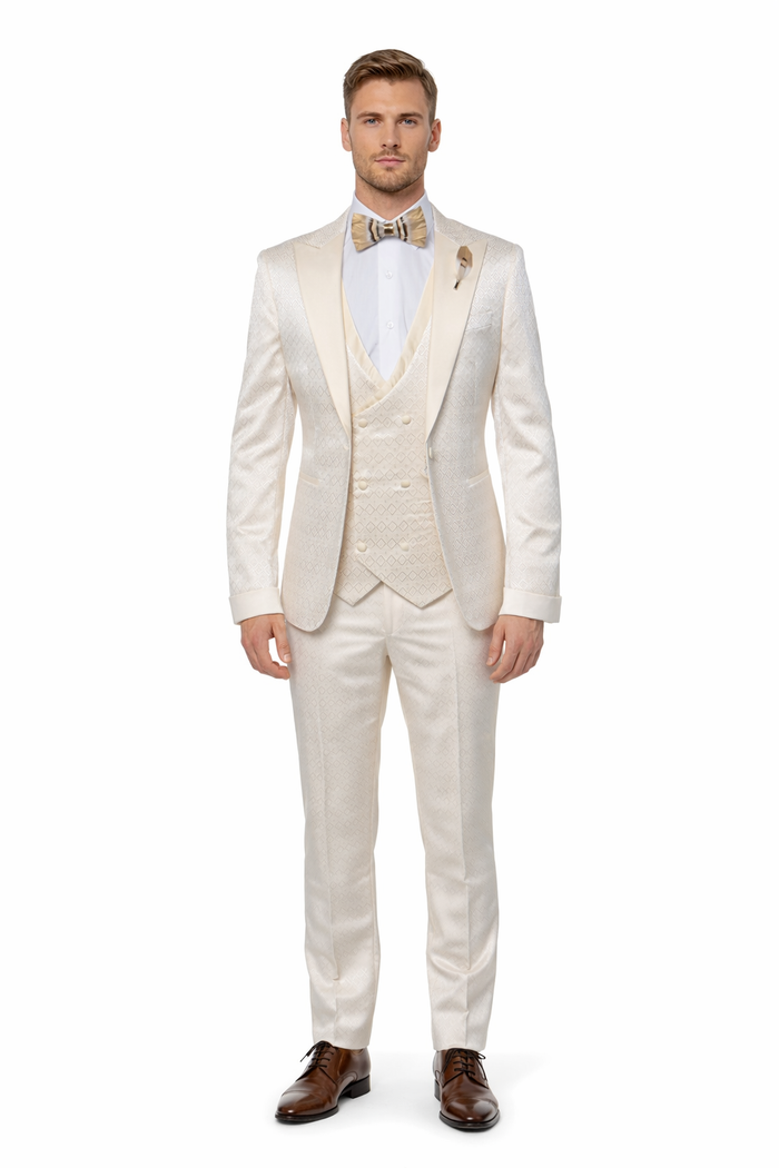 Rossi Man FORD RM1913 ?? Slim Fit 3-Piece Suit for Men in Off-White | Classic Style for Formal Occasions