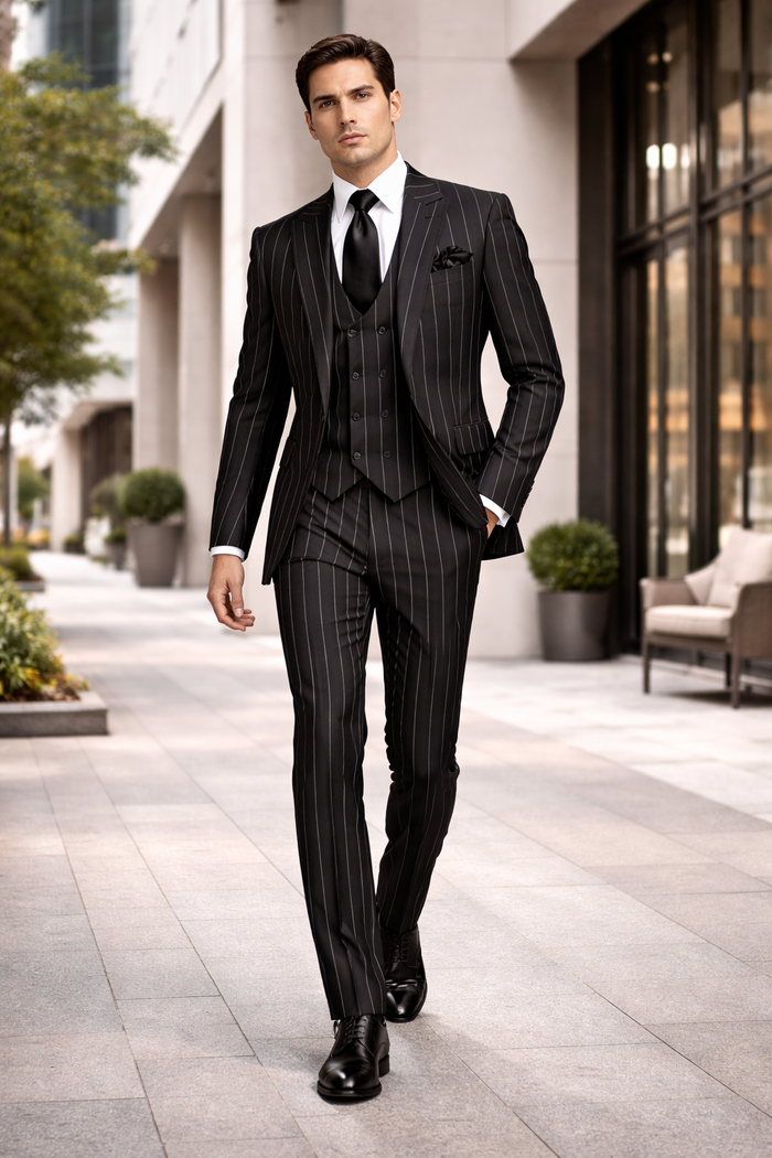 Rossi Man Max RM1728 Slim Fit 3-Piece Mens Suit in Black Stripe