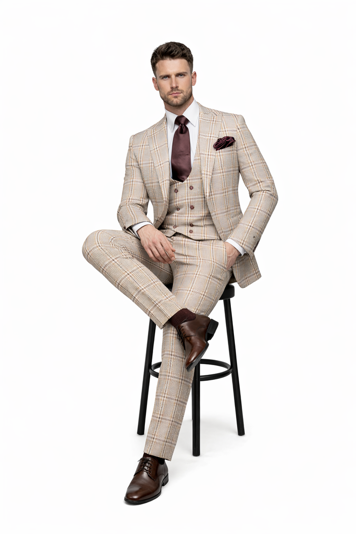Rossi Man MAX RM1824 Slim Fit 3-Piece Light Brown Suit ?? Elegant Formalwear for Men
