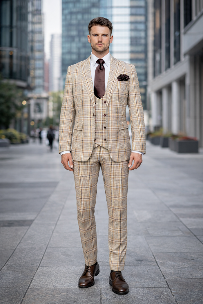 Rossi Man MAX RM1824 Slim Fit 3-Piece Light Brown Suit ?? Elegant Formalwear for Men