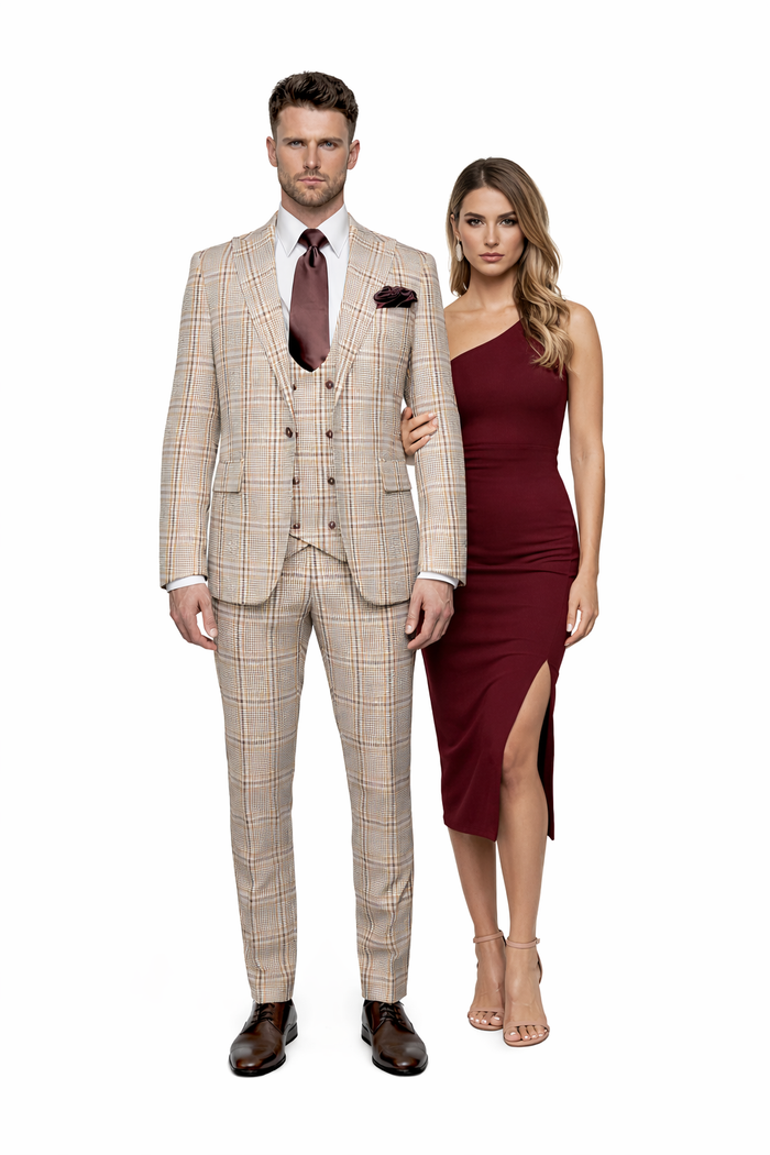 Rossi Man MAX RM1824 Slim Fit 3-Piece Light Brown Suit ?? Elegant Formalwear for Men