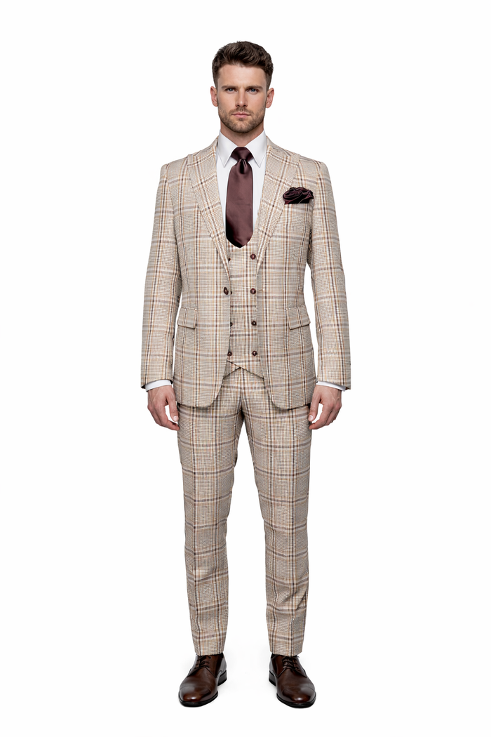 Rossi Man MAX RM1824 Slim Fit 3-Piece Light Brown Suit ?? Elegant Formalwear for Men