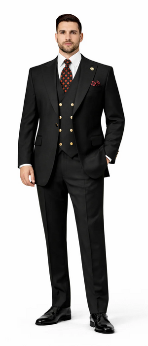 Rossiman Black Suit for Men ?? Classic 1-Button Peak Lapel Jacket & Double-Breasted Vest