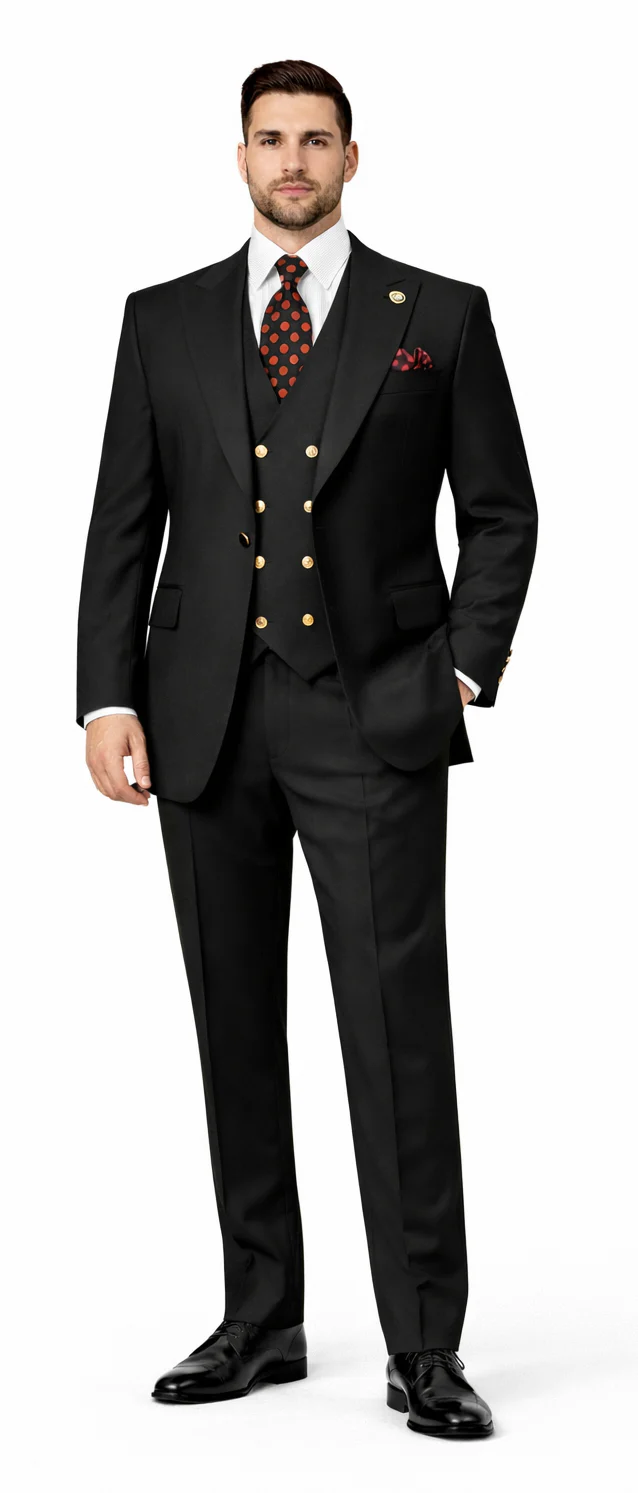 Rossiman Black Suit for Men ?? Classic 1-Button Peak Lapel Jacket & Double-Breasted Vest