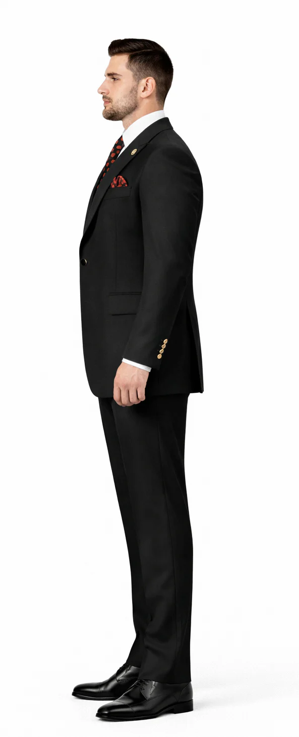 Rossiman Brand Black Suits - 1 Button Suit Peak Lapel Double Breasted Vest