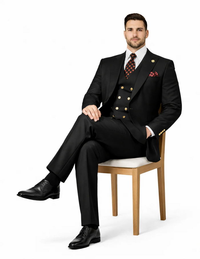 Rossiman Black Suit for Men ?? Classic 1-Button Peak Lapel Jacket & Double-Breasted Vest