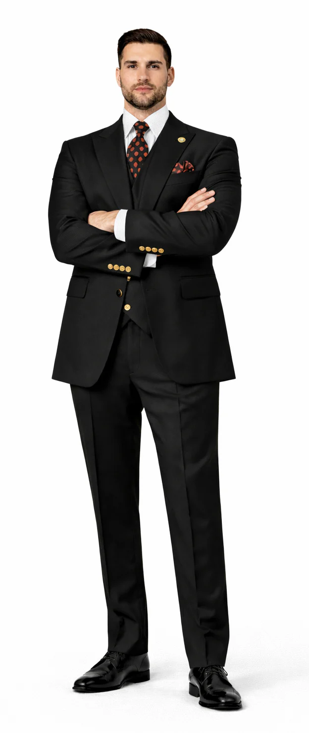 Rossiman Black Suit for Men ?? Classic 1-Button Peak Lapel Jacket & Double-Breasted Vest