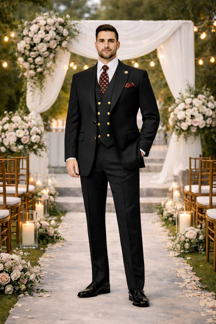Rossiman Black Suit for Men ?? Classic 1-Button Peak Lapel Jacket & Double-Breasted Vest