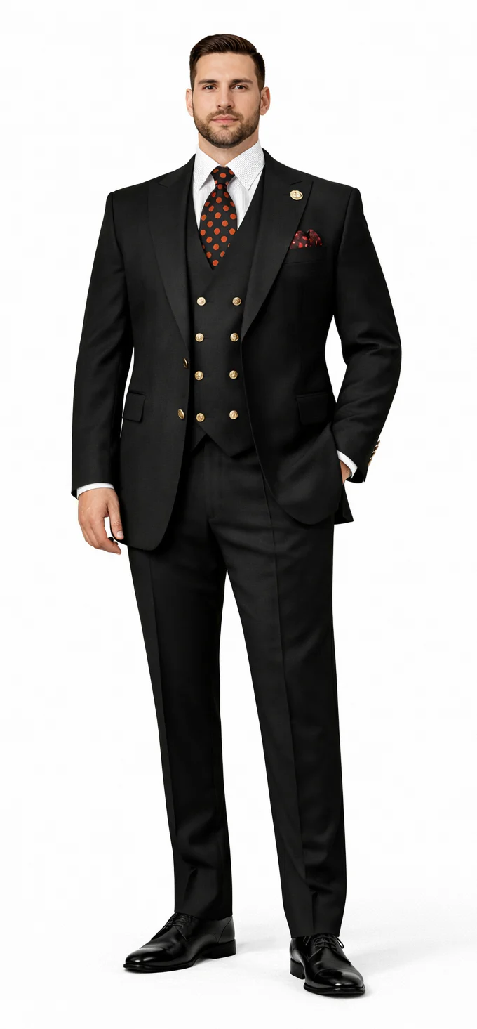 Rossiman Black Suit for Men ?? Classic 1-Button Peak Lapel Jacket & Double-Breasted Vest