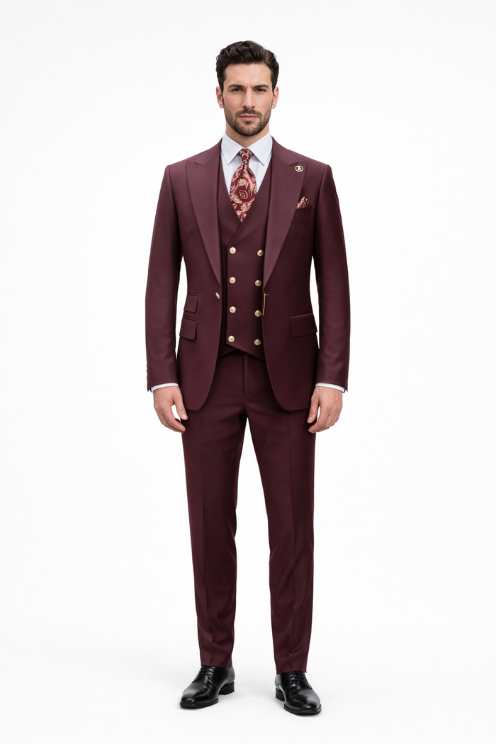 Rossiman Burgundy Suit for Men Peak Lapel 1-Button Jacket & Double-Breasted Vest