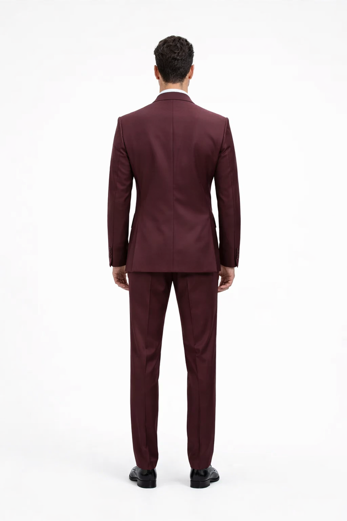 Rossiman Burgundy Suit for Men Peak Lapel 1-Button Jacket & Double-Breasted Vest