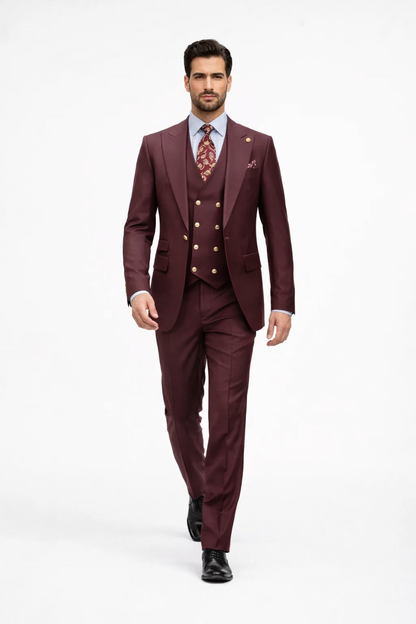 Rossiman Men's Burgundy Suit Peak Lapel 1 button Jacket ; Double breasted Vest, All Sizes, Burgundy