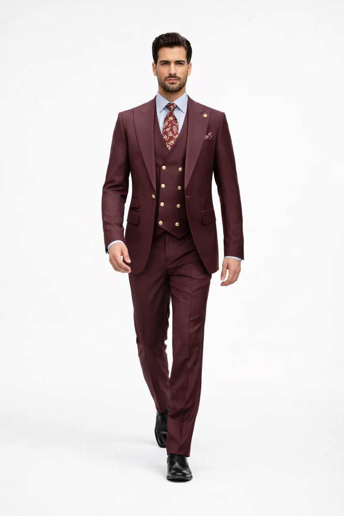Rossiman Burgundy Suit for Men Peak Lapel 1-Button Jacket & Double-Breasted Vest