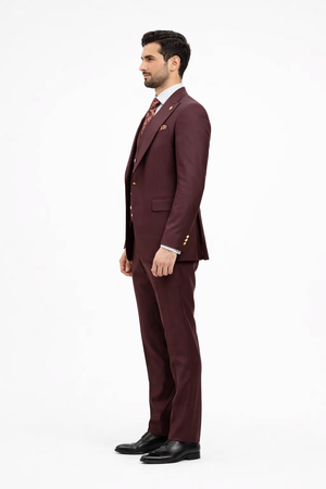 Rossiman Burgundy Suit for Men Peak Lapel 1-Button Jacket & Double-Breasted Vest