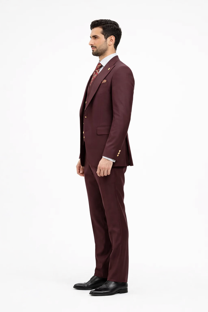 Rossiman Burgundy Suit for Men Peak Lapel 1-Button Jacket & Double-Breasted Vest