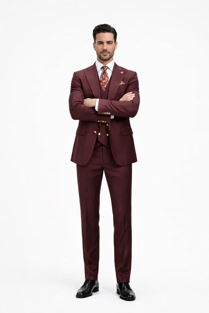 Rossiman Burgundy Suit for Men Peak Lapel 1-Button Jacket & Double-Breasted Vest