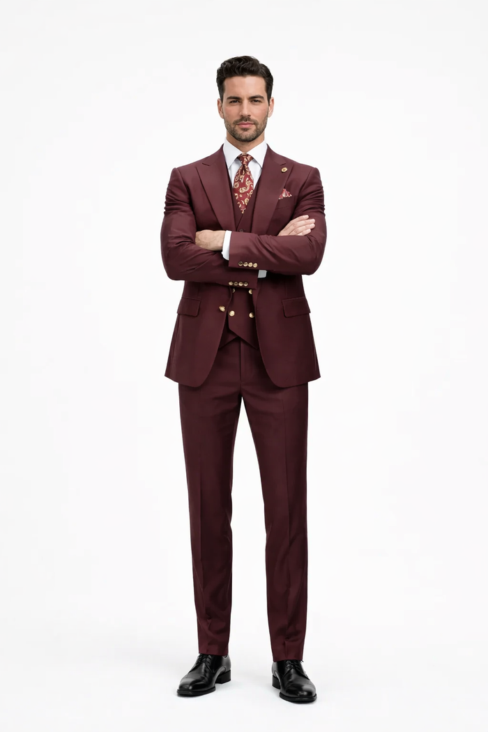 Rossiman Burgundy Suit for Men Peak Lapel 1-Button Jacket & Double-Breasted Vest