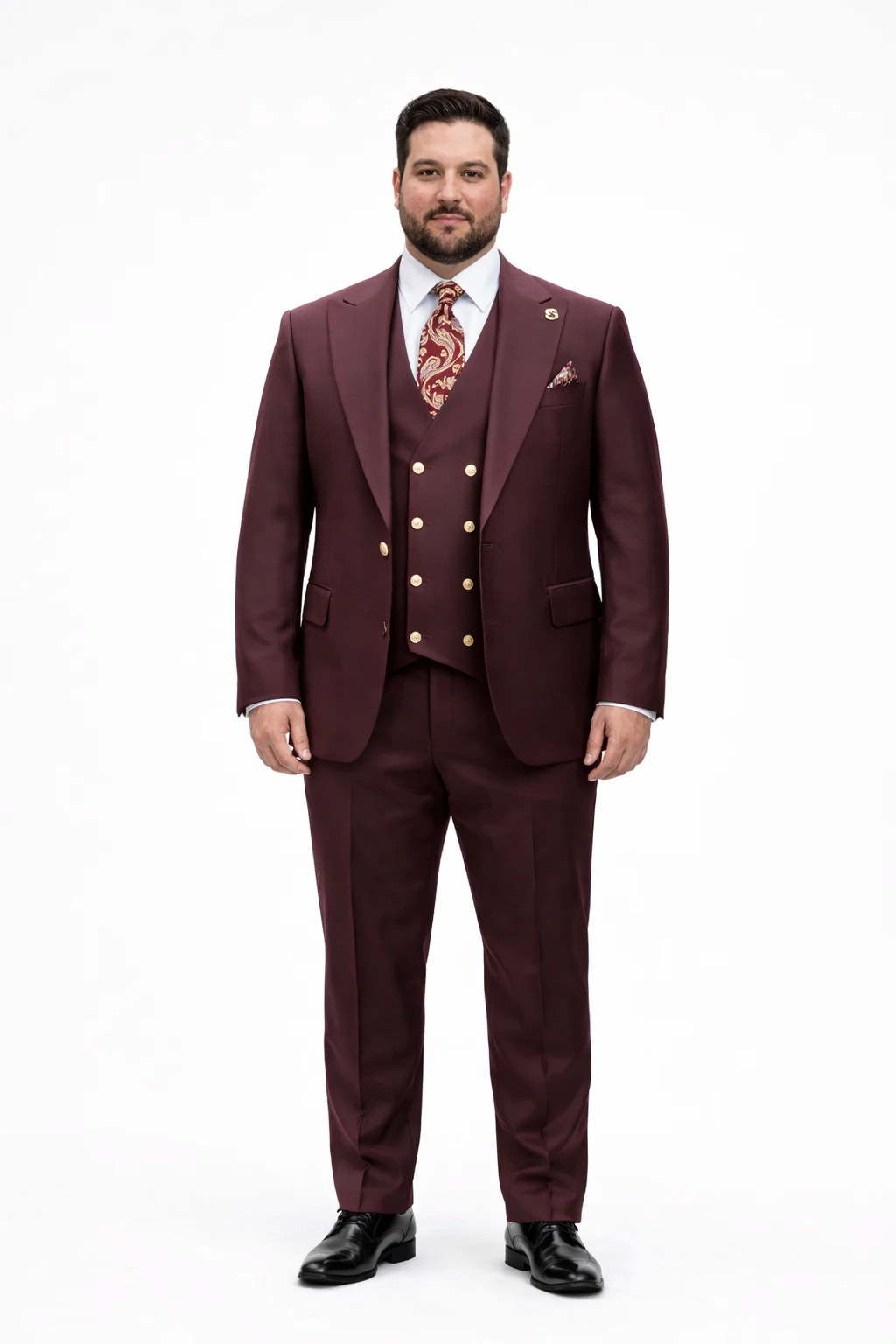 Rossiman Burgundy Suit for Men Peak Lapel 1-Button Jacket & Double-Breasted Vest